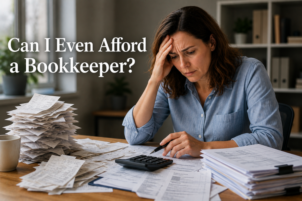 Can I even afford a Bookkeeper? Frustrated-business-owner-at-desk-with-pile-of-receipts